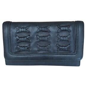 Lucky Penny Anthropologie Black Leather Trifold‎ Wallet Checkbook Bow